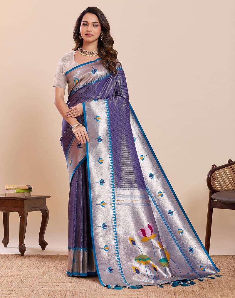 blue color soft silk blend fabric woven jari designer partywear saree