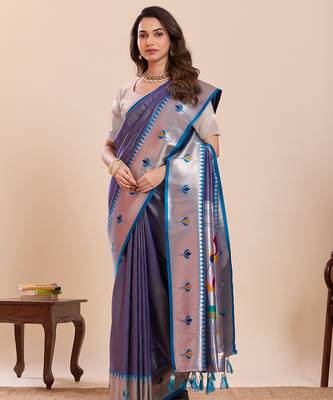 blue soft silk blend woven zari partywear saree 4
