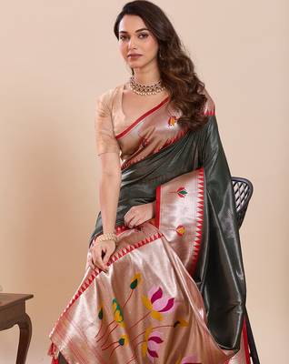green soft silk blend woven zari partywear saree 3