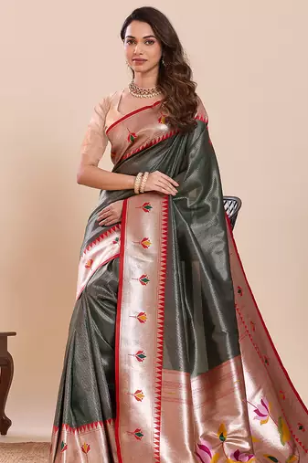 green soft silk blend woven zari partywear saree