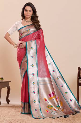 red color soft silk blend fabric woven jari designer partywear saree