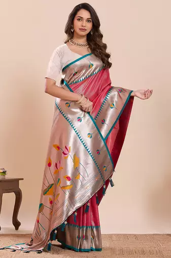red soft silk blend woven zari partywear saree