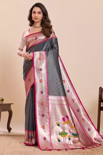 grey color soft silk blend fabric woven jari designer partywear saree