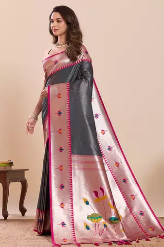 grey soft silk blend woven zari partywear saree