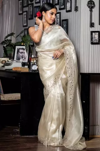 grey woven tissue mirror work all seasons sarees