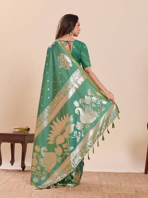 green soft art silk blend woven zari partywear saree 2