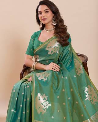 green soft art silk blend woven zari partywear saree 3