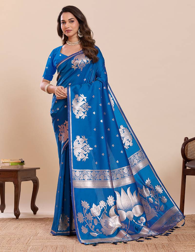 blue color soft art silk fabric woven jari designer partywear saree