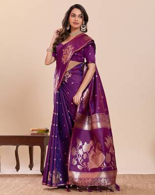 purple soft art silk blend woven zari partywear saree 4