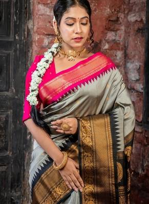 grey hand woven silk blend zari work all seasons sarees 2