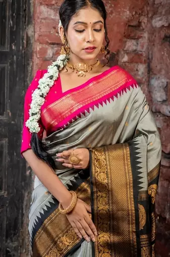 grey hand woven silk blend zari work all seasons sarees