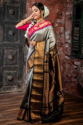 grey hand woven silk blend zari work all seasons sarees