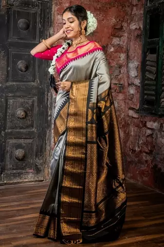 grey hand woven silk blend zari work all seasons sarees