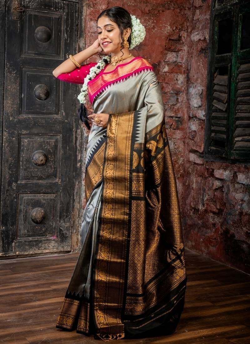 grey hand woven silk blend zari work all seasons sarees