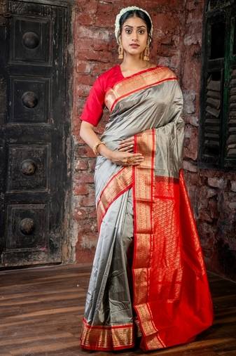 grey woven faux kanjivaram silk blend zari work all seasons sarees