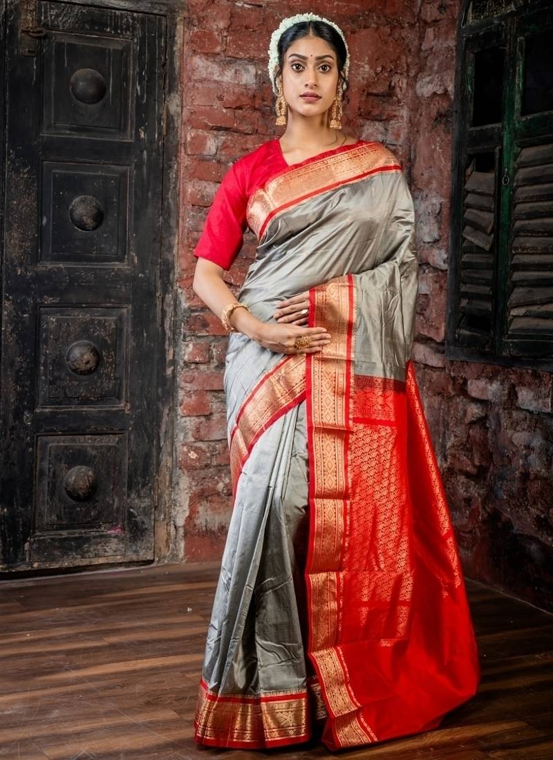 grey woven faux kanjivaram silk blend zari work all seasons sarees