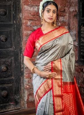 grey woven faux kanjivaram silk blend zari work all seasons sarees 2