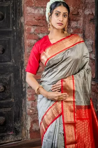 grey woven faux kanjivaram silk blend zari work all seasons sarees