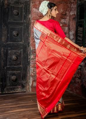 grey woven faux kanjivaram silk blend zari work all seasons sarees 3