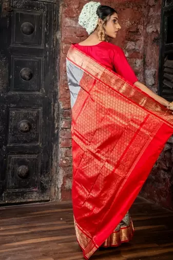 grey woven faux kanjivaram silk blend zari work all seasons sarees