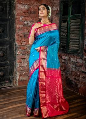 blue woven faux kanjivaram silk blend zari work all seasons sarees 1