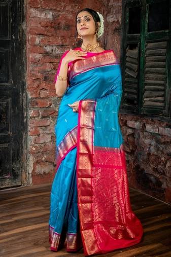 blue woven faux kanjivaram silk blend zari work all seasons sarees