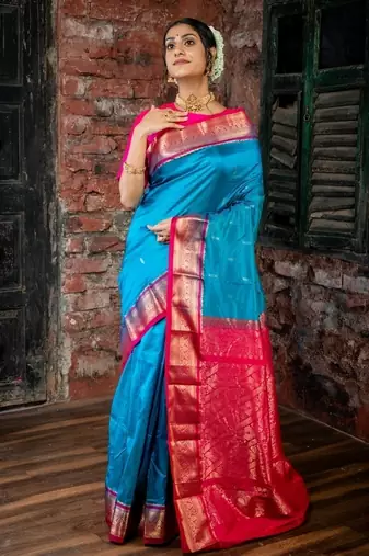 blue woven faux kanjivaram silk blend zari work all seasons sarees