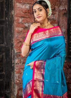 blue woven faux kanjivaram silk blend zari work all seasons sarees 2