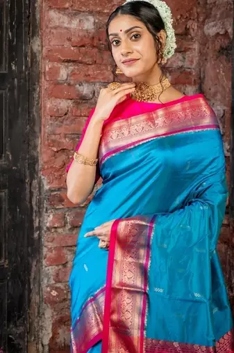 blue woven faux kanjivaram silk blend zari work all seasons sarees