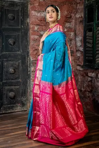 blue woven faux kanjivaram silk blend zari work all seasons sarees