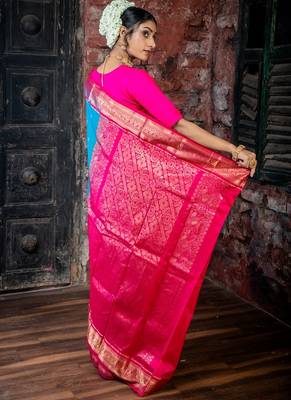 blue woven faux kanjivaram silk blend zari work all seasons sarees 4