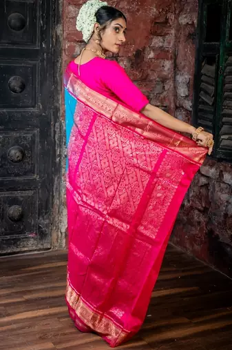 blue woven faux kanjivaram silk blend zari work all seasons sarees