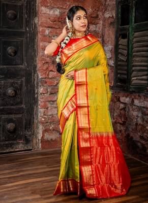 green woven faux kanjivaram silk blend zari work all seasons sarees 1