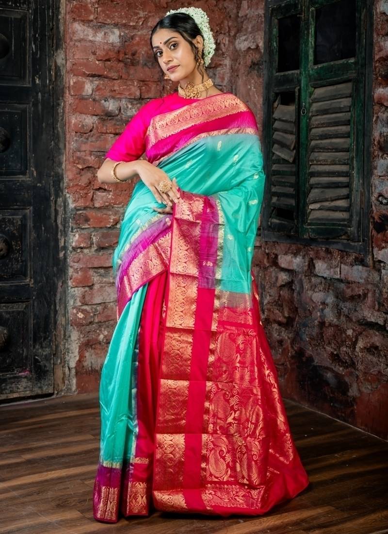 multicolor woven faux kanjivaram silk blend zari work all seasons sarees