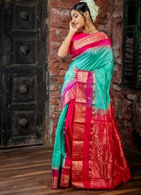 multicolor woven faux kanjivaram silk blend zari work all seasons sarees 3