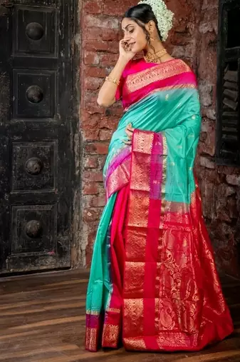 multicolor woven faux kanjivaram silk blend zari work all seasons sarees