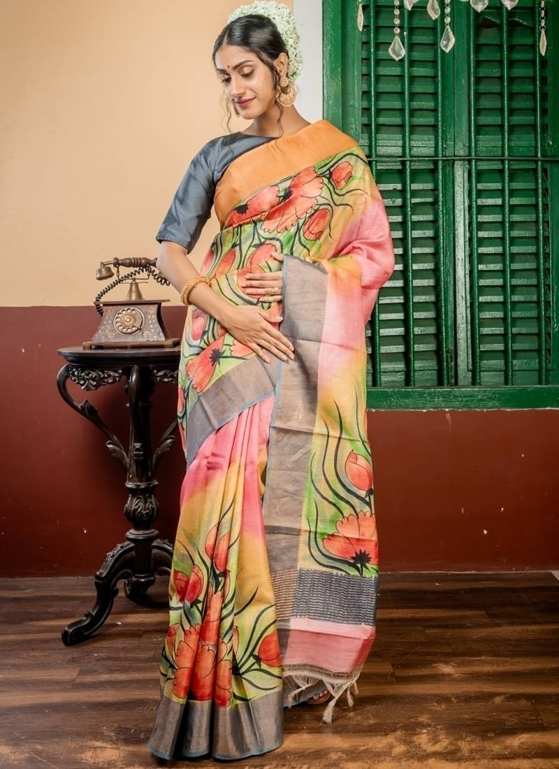 multicolor hand woven tussar zari work all seasons sarees