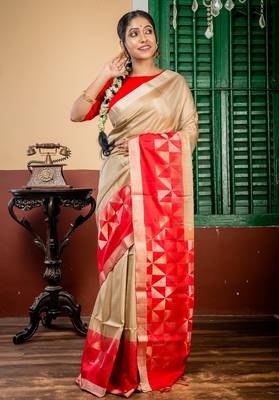 beige hand woven silk blend zari work all seasons sarees 1