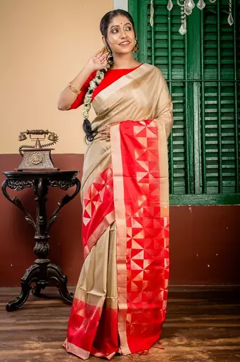 beige hand woven silk blend zari work all seasons sarees