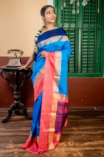 blue hand woven pure silk blend zari work all seasons sarees