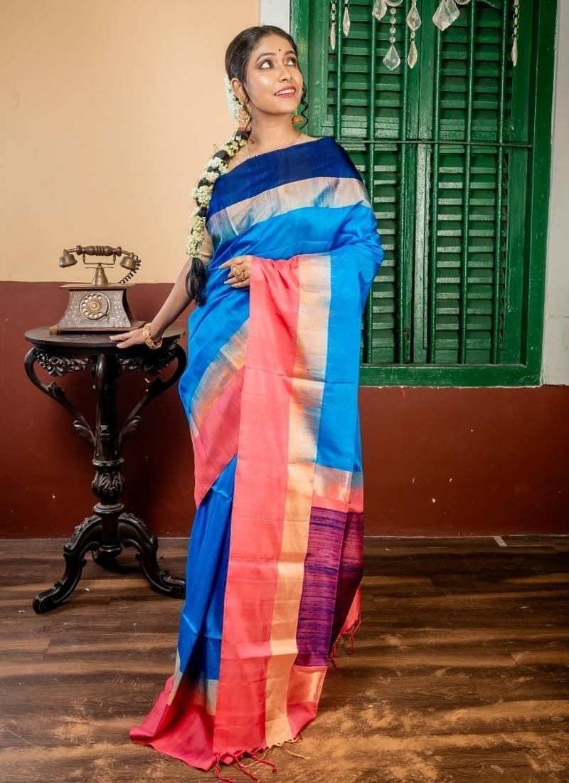blue hand woven silk blend zari work all seasons sarees