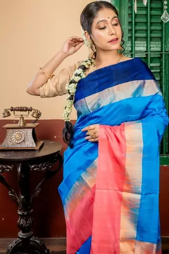blue hand woven silk blend zari work all seasons sarees