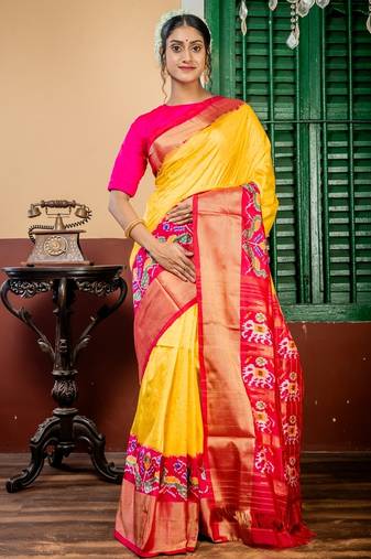 yellow hand woven silk blend zari work all seasons sarees