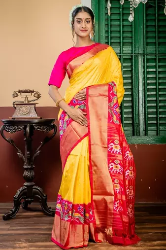 yellow hand woven silk blend zari work all seasons sarees
