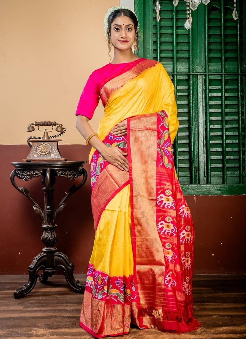 yellow hand woven silk blend zari work all seasons sarees