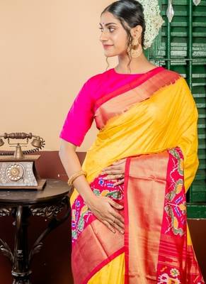 yellow hand woven silk blend zari work all seasons sarees 2