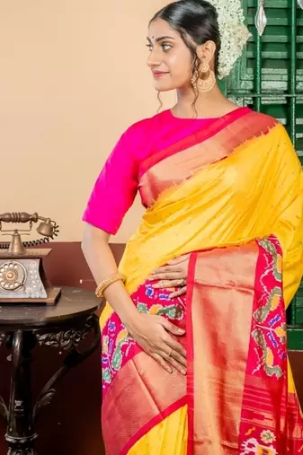 yellow hand woven silk blend zari work all seasons sarees