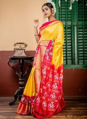 yellow hand woven silk blend zari work all seasons sarees 3