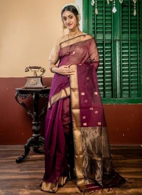 wine hand woven silk blend cotton zari work all seasons sarees 1
