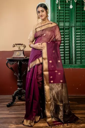 wine hand woven silk blend cotton zari work all seasons sarees